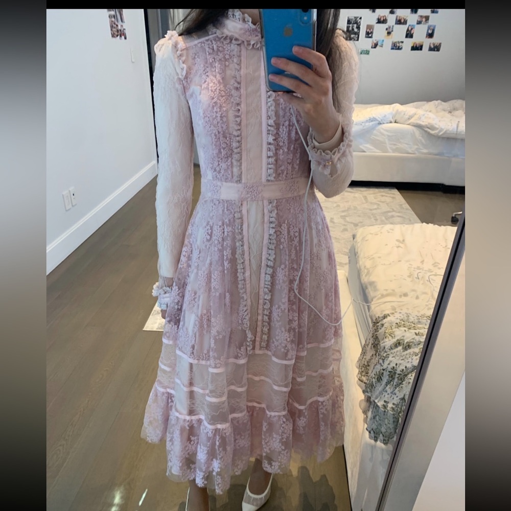 Beautiful delicate light pink lace midi dress sheer long sleeve